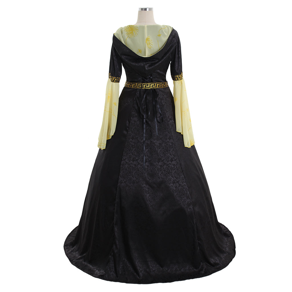 Halloweez Yellow Black Hooded Medieval Maxi Dress with Belt - Women's Stage Musical Vintage Party Halloween Costume