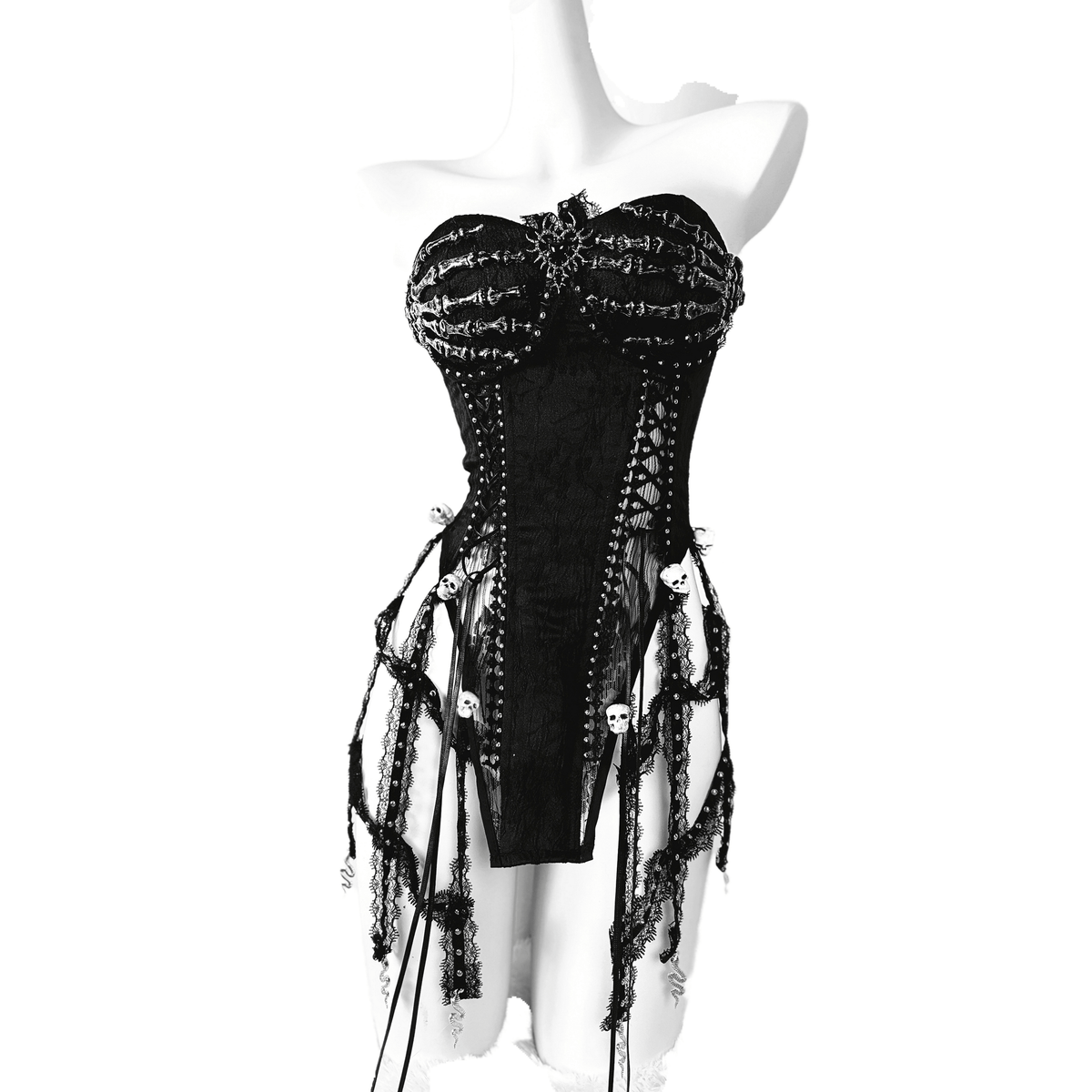 Celebrity Inspired TDH Original Heavy Work Handmade Pure Black Gothic Lace-Up Corset Cage Affordable Bustier Top with Built-in Pads - Halloweez