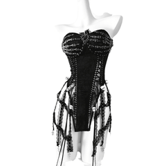 Celebrity Inspired TDH Original Heavy Work Handmade Pure Black Gothic Lace-Up Corset Cage Affordable Bustier Top with Built-in Pads - Halloweez