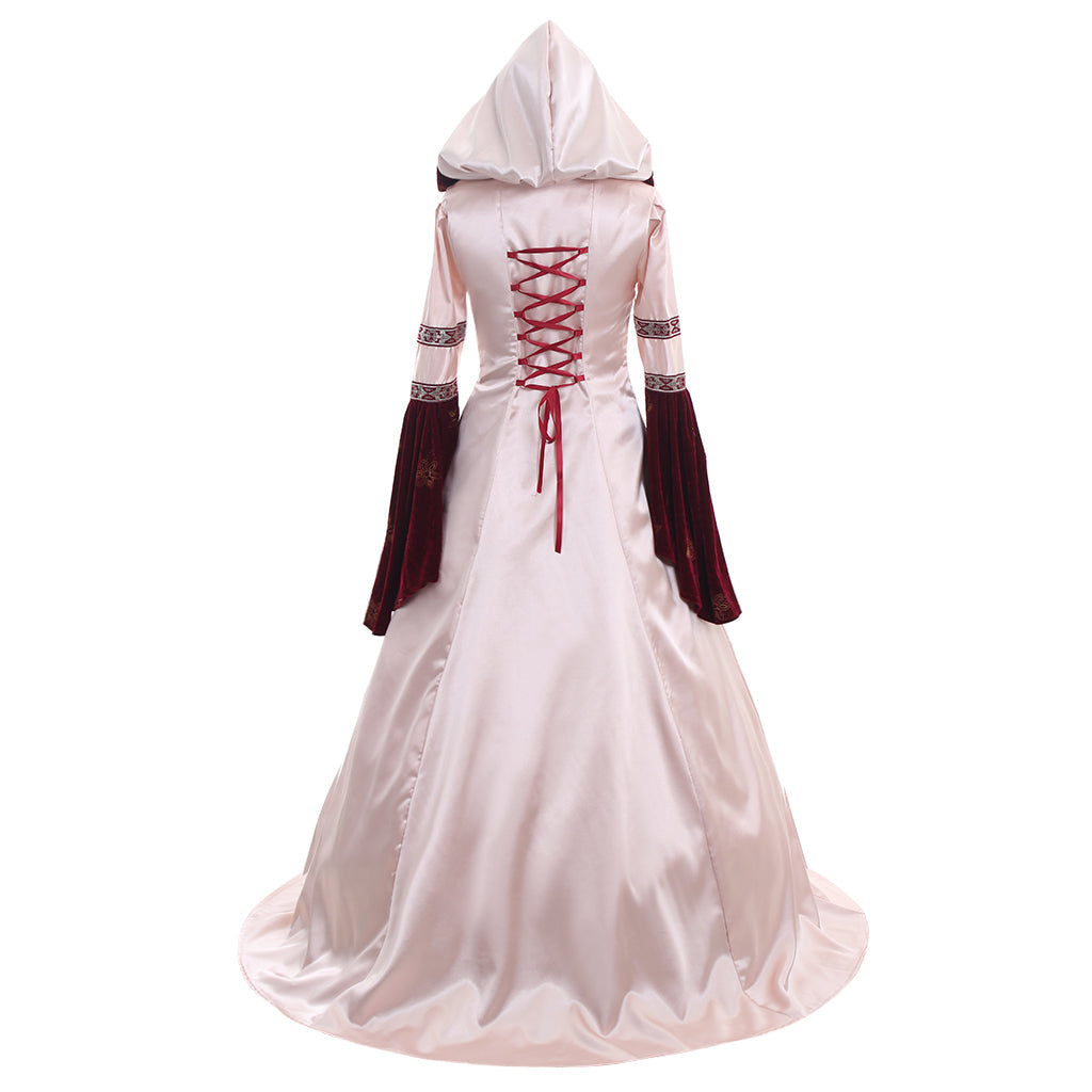 Elegant Pink Medieval Dress Cosplay with Hood - Satin/Velvet Custom Made Ball Gown