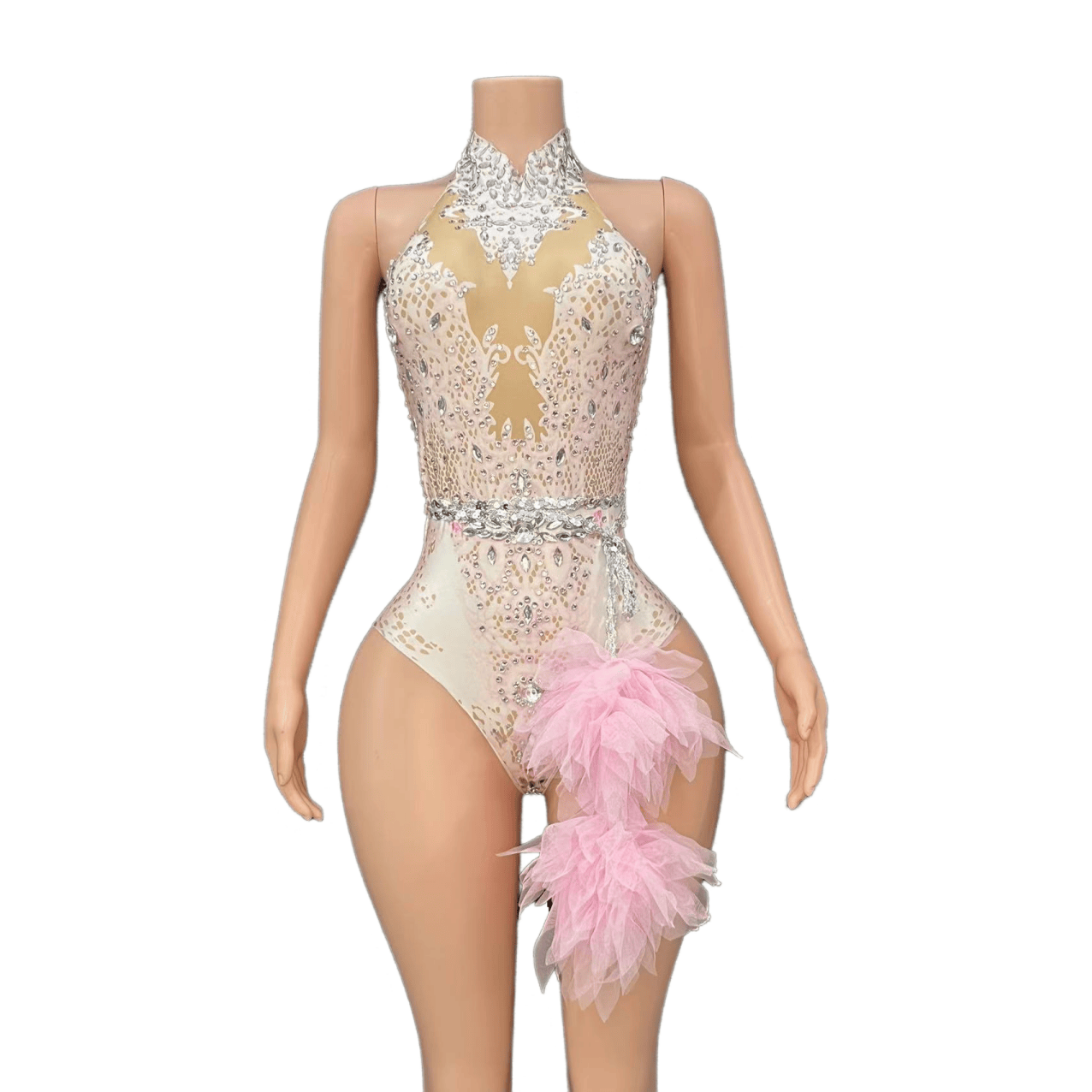 Sexy Sparkling Rhinestone Stretch Pink Mesh Bodysuit for Singer Dance Performance Cosplay Costume - Halloweez