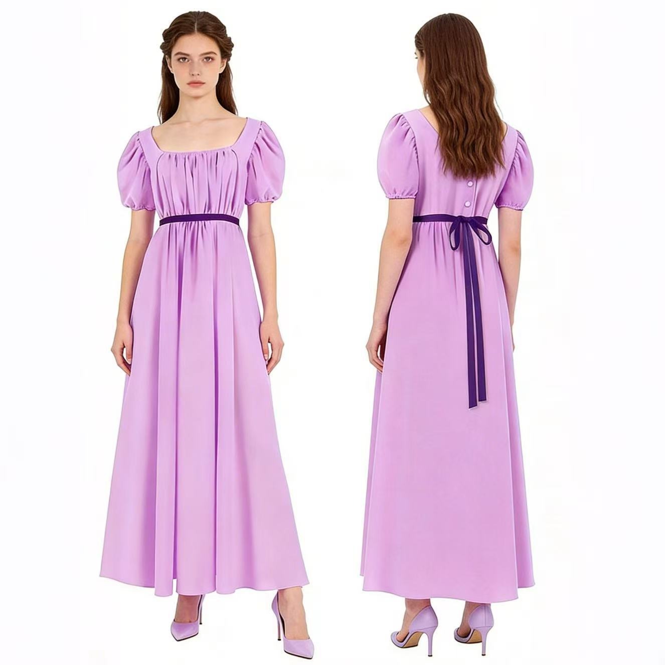 Bridgerton Inspired Women’s Regency Dress – Square Neck Empire Waist Maxi Gown with Puff Sleeves for Renaissance Fair, Tea Party & Historical Cosplay - Halloweez