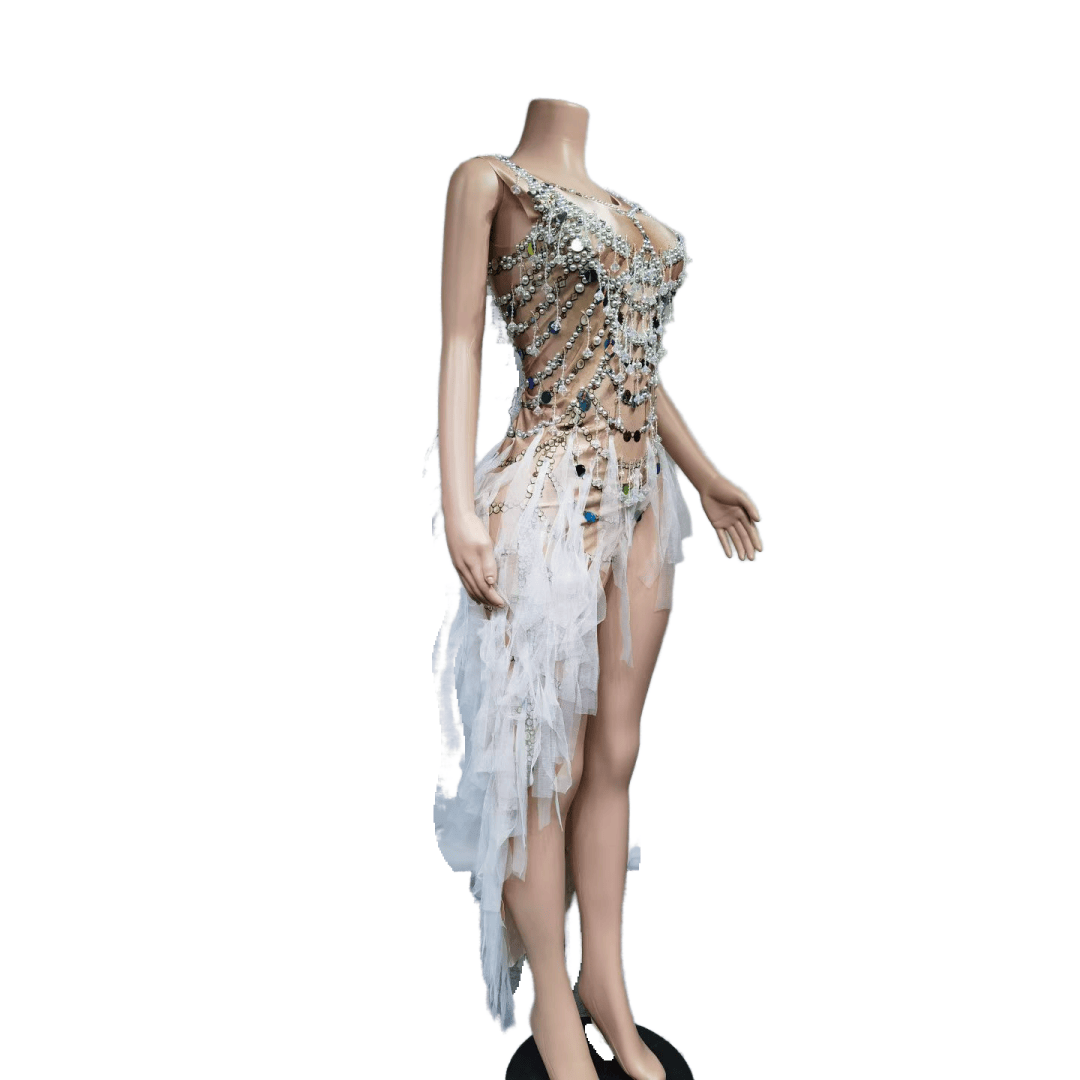 Colorful Feather Evening Gown Purple Party Dress with Pearls Rhinestones for Cosplay Halloween Costume - Halloweez