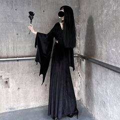 Mrs Addams Vampire Cosplay Dress, Custom Bat Sleeve Long Gown for Halloween Show