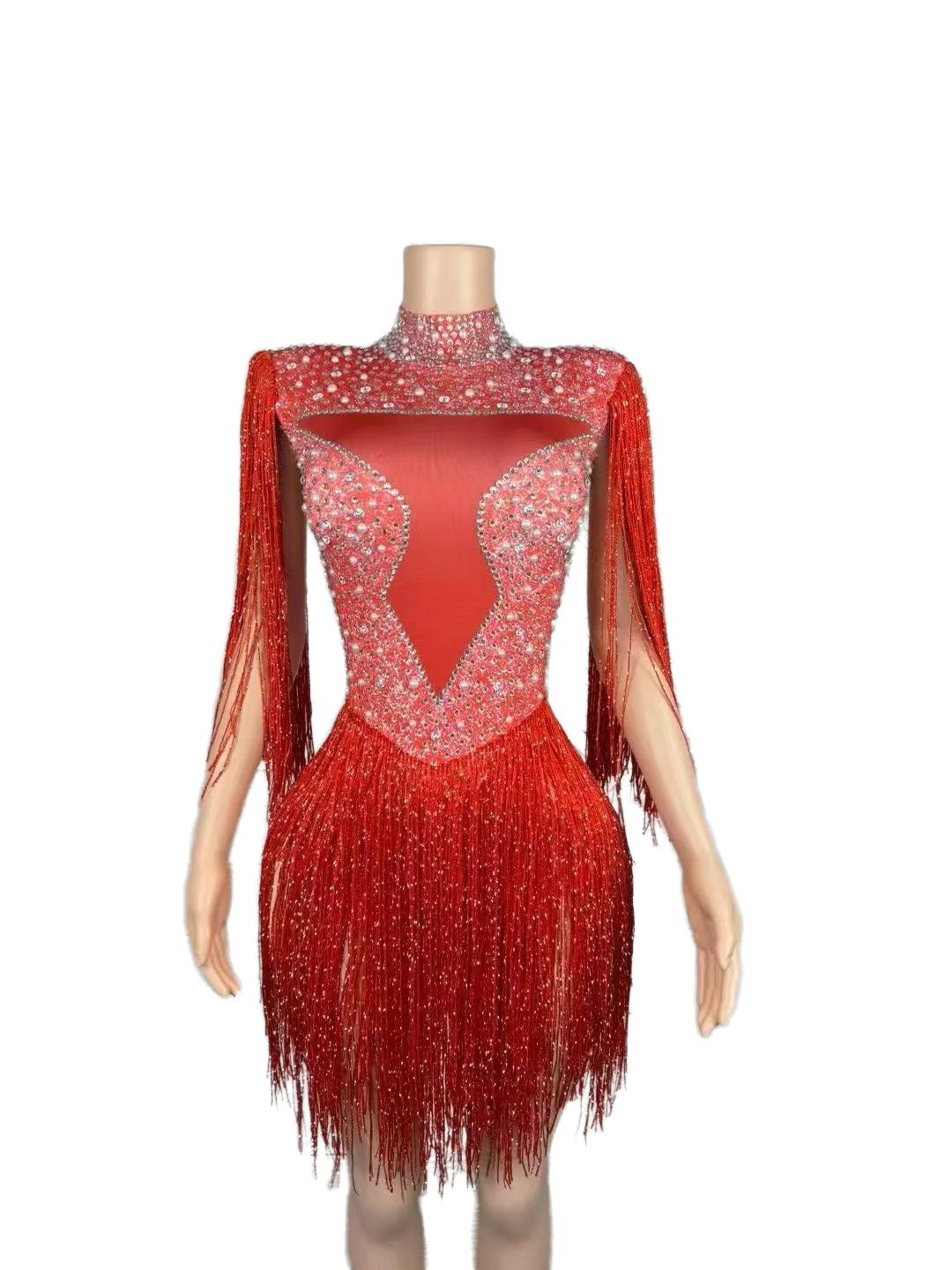 Summer New Hot Red Fringe Modern Dance Performance Costume Stage Talent Show Live Streaming Music Festival Performance Outfit - Halloweez