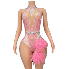 Sexy Sparkling Rhinestone Stretch Pink Mesh Bodysuit for Singer Dance Performance Cosplay Costume - Halloweez