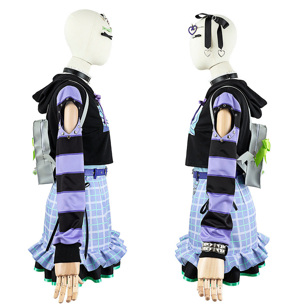 World Project Akayama Mizuki 2D Anime Costume Women's Hooded Sweatshirt Plaid Skirt Set - Halloweez