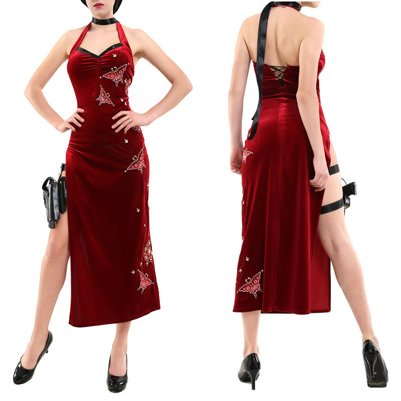 Ada Wong Sleeveless Qipao Resident Evil 4 Remake Cosplay Sexy High Slit Red Long Dress - Halloweez