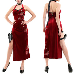 Ada Wong Sleeveless Qipao Resident Evil 4 Remake Cosplay Sexy High Slit Red Long Dress - Halloweez