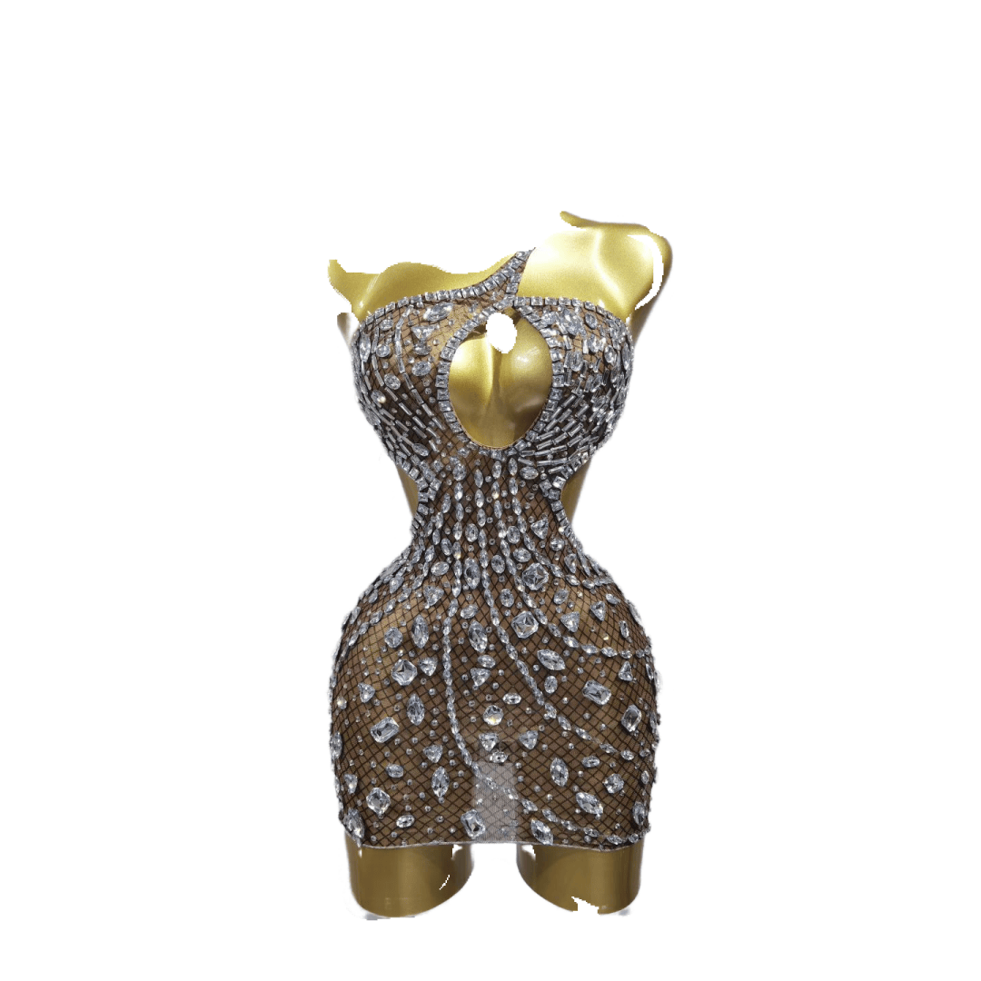 Sexy Sheer Mesh Diamond Backless Bodycon Dress for Nightclub Cosplay Party - Black - Halloweez