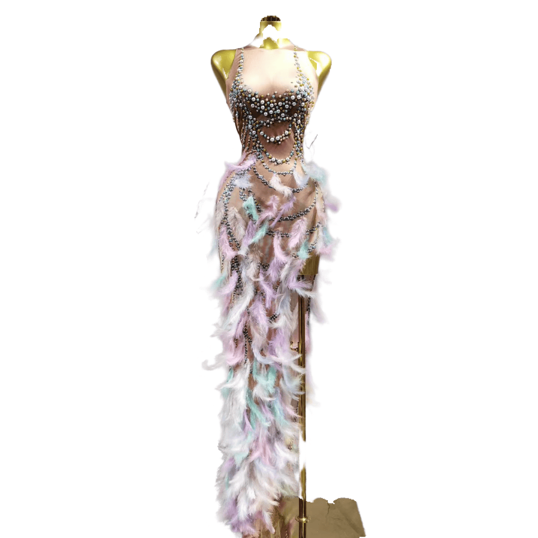 Colorful Feather Evening Gown Purple Party Dress with Pearls Rhinestones for Cosplay Halloween Costume - Halloweez