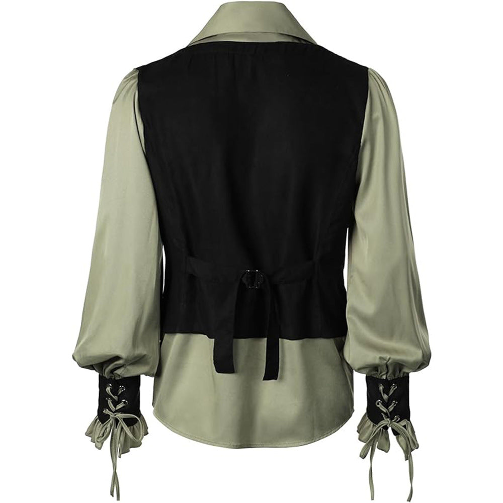 Medieval Pirate Victorian Steampunk Gothic Long Sleeve Vest Shirt Halloween Costume - Halloweez