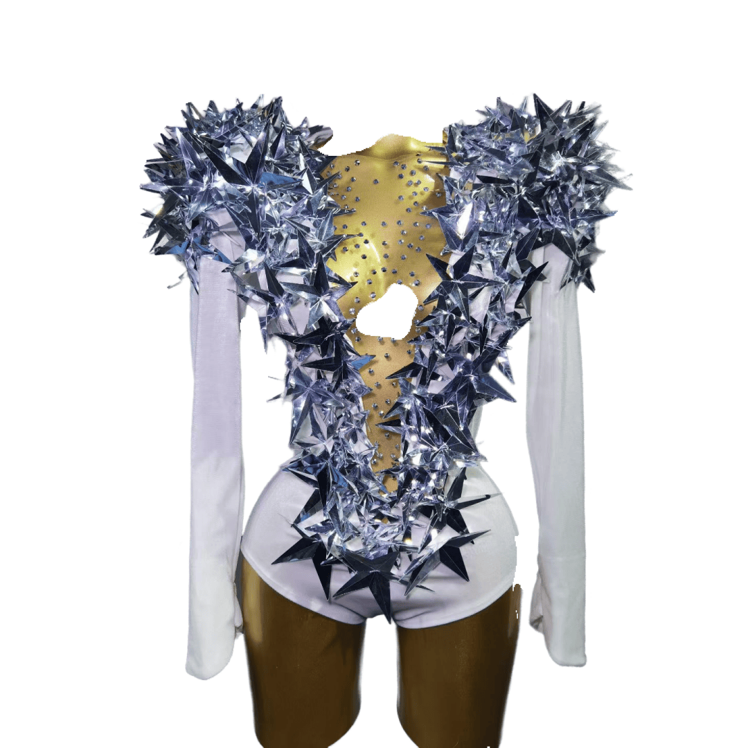 Sexy Gold Star Shoulder Pad Bodysuit Stage Costume for Concert Performance Music Show Cosplay - Halloweez