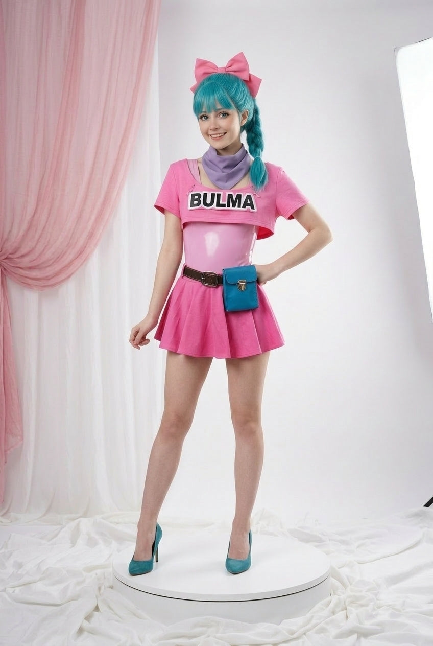 Dragon Ball Bulma Cosplay Costume Energetic Sweet Two-Wear PU Leather Dress - Halloweez