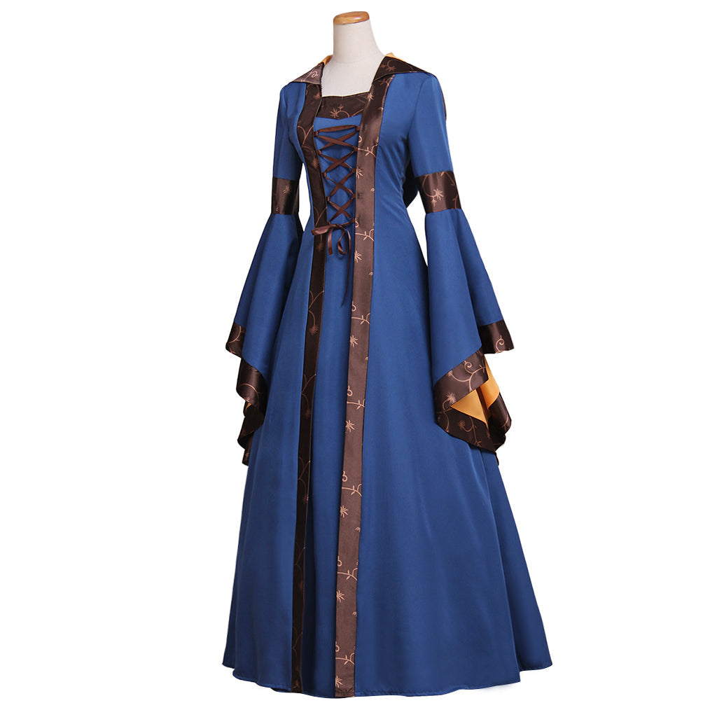 Elegante vestido medieval con capucha y mangas acampanadas, cintura alta, encaje y cosplay gótico para mujer