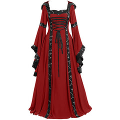 Medieval Gothic Victorian Retro Renaissance Dress with Hood and Lace-up for Women - Halloweez