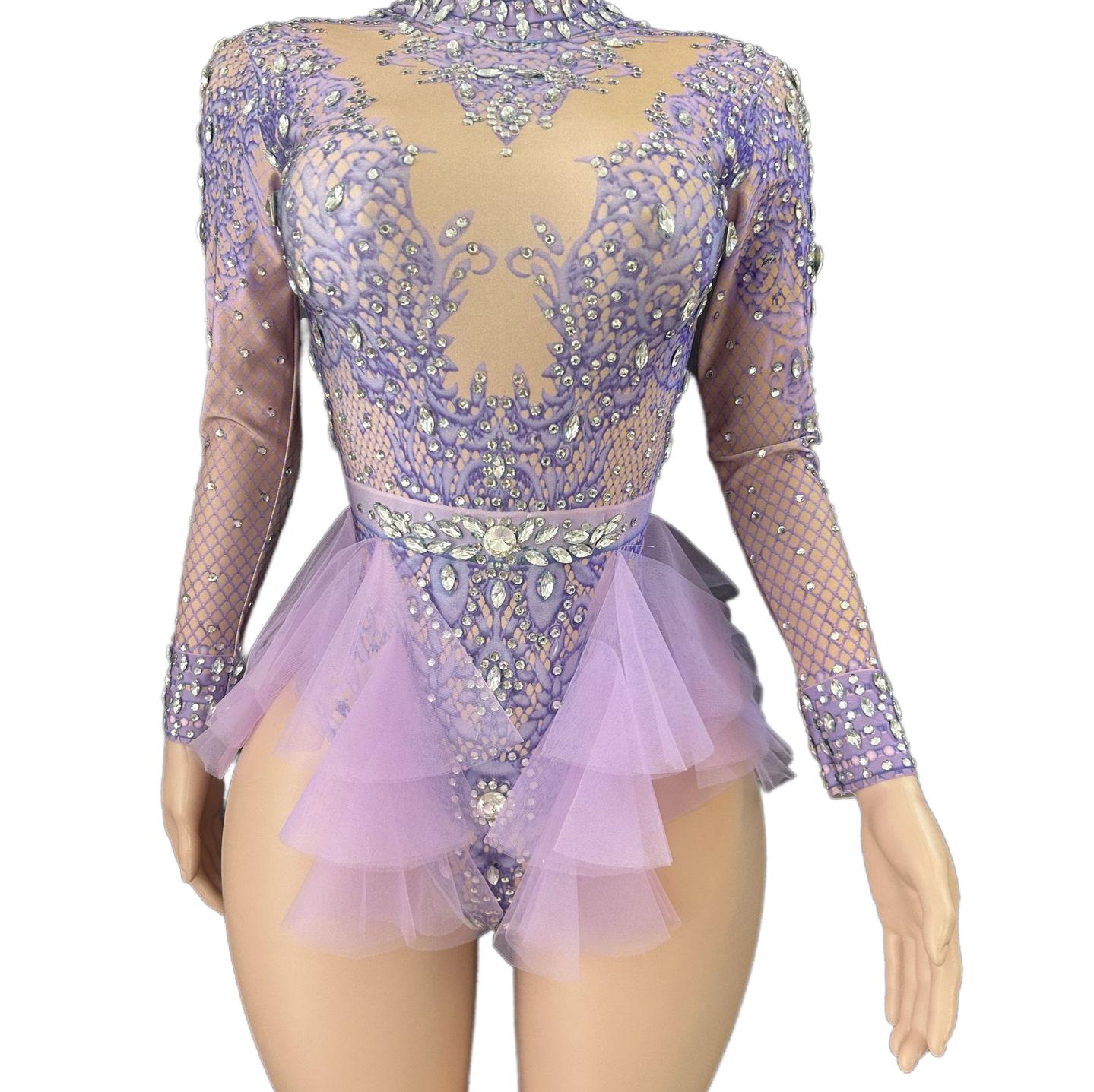 GC Singer Dance Rhinestone Stretchy Slimming Pink Mesh Bodysuit Stage Performance Costume Female Flash Diamond Girl Group - Halloweez