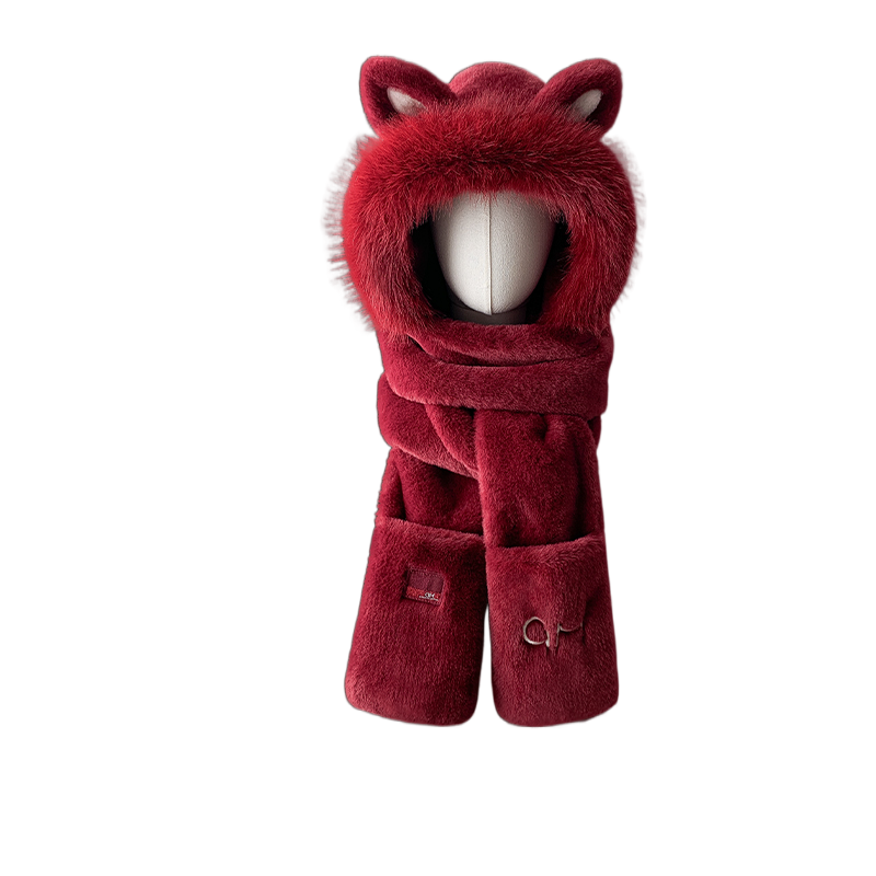 Cute Fox Ears Plush Hat Scarf Combo Winter Thick Warm Riding Ear Protection Unisex Cosplay Costume Accessory - Halloweez