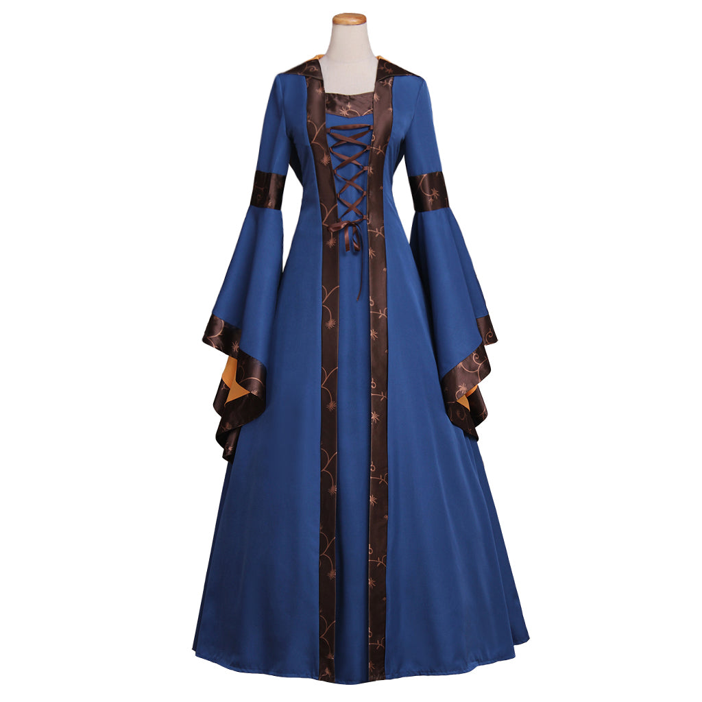 Elegante vestido medieval con capucha y mangas acampanadas, cintura alta, encaje y cosplay gótico para mujer