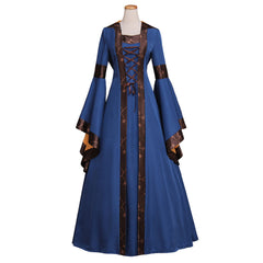 Elegante vestido medieval con capucha y mangas acampanadas, cintura alta, encaje y cosplay gótico para mujer