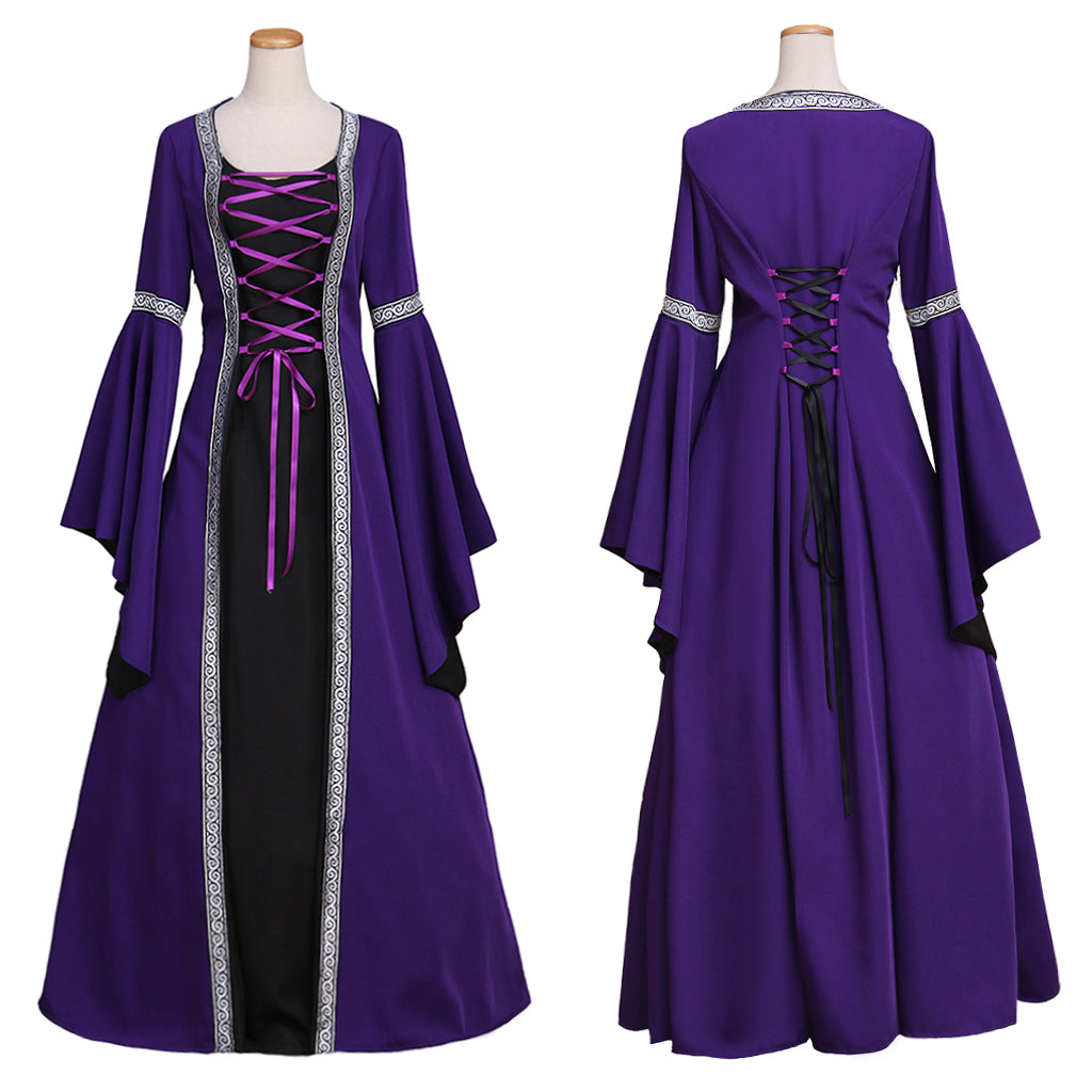 Robe élégante de style victorien médiéval gothique violet avec manches trompette pour robe de bal et cosplay