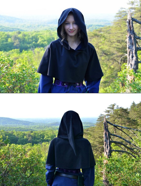 Black Hooded Cape Cloak Mantle Coat Wicca Pagan Robe - Coscosmos