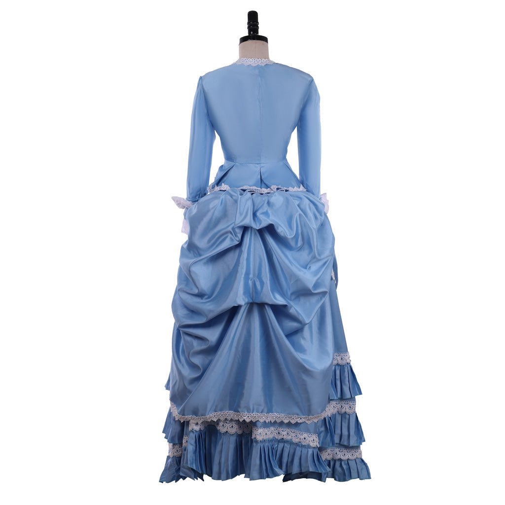 Blue Victorian Bustle Dress with Lace Details | Perfect for Cosplay, 19th Century Fashion & Themed Balls - Coscosmos