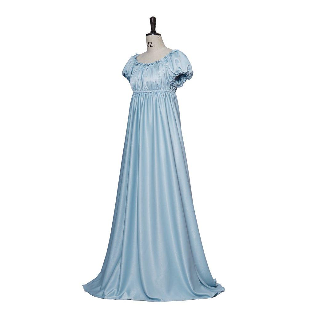 Bridgerton Cosplay Costume - Light Blue Silky Empire Waist Regency Gown - Coscosmos