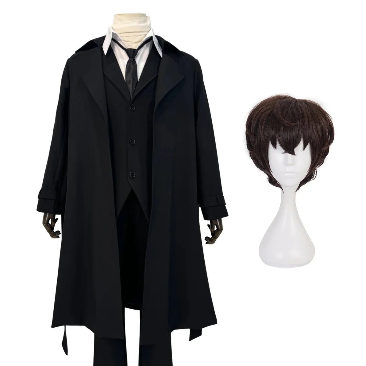 Halloweez Dazai Osamu Cosplay Costume Wig with Black Lining Coat & Elastic Pants - Halloweez