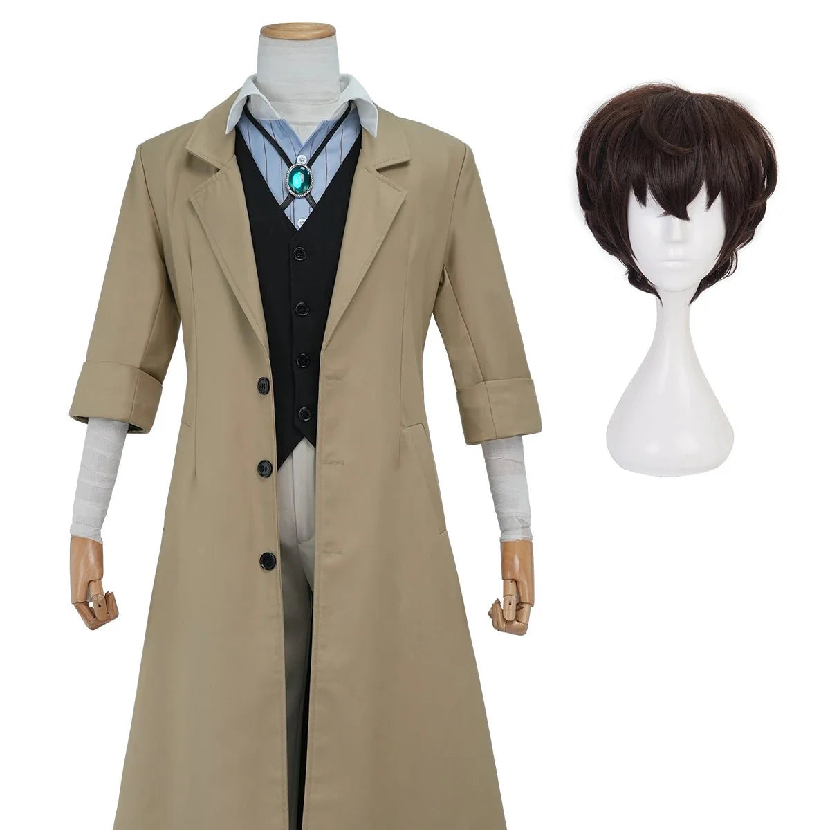 Bungo BSD Anime Dazai Osamu Cosplay Costume Wig Oversized Lining Coat Elastic Pants Vest Shirt Pendant Daily Wear Latest - Coscosmos