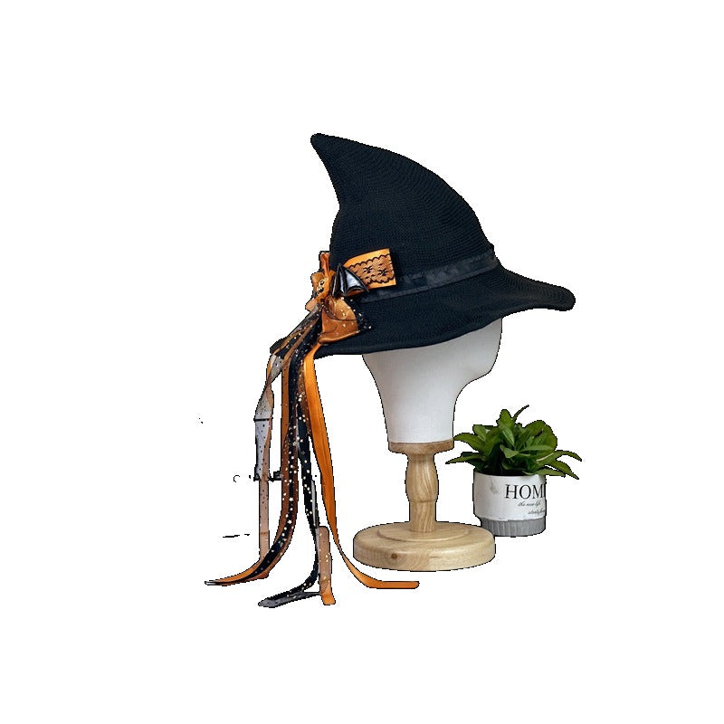 Halloween Bow Pumpkin Decoration Cotton Gauze Witch Hat Wide Brim Halloween Witch Hat Head Accessories - Halloweez