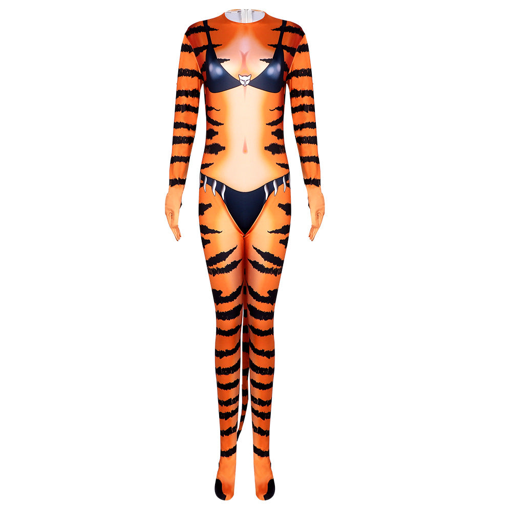 Tiger Pattern Bodysuit Cosplay Stage Performance Costume Halloween Orc Cos Jumpsuit - Halloweez