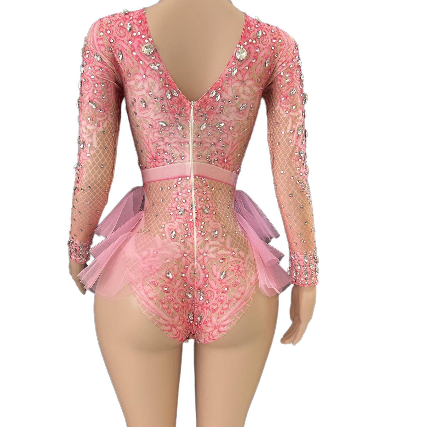 GC Singer Dance Rhinestone Stretchy Slimming Pink Mesh Bodysuit Stage Performance Costume Female Flash Diamond Girl Group - Halloweez