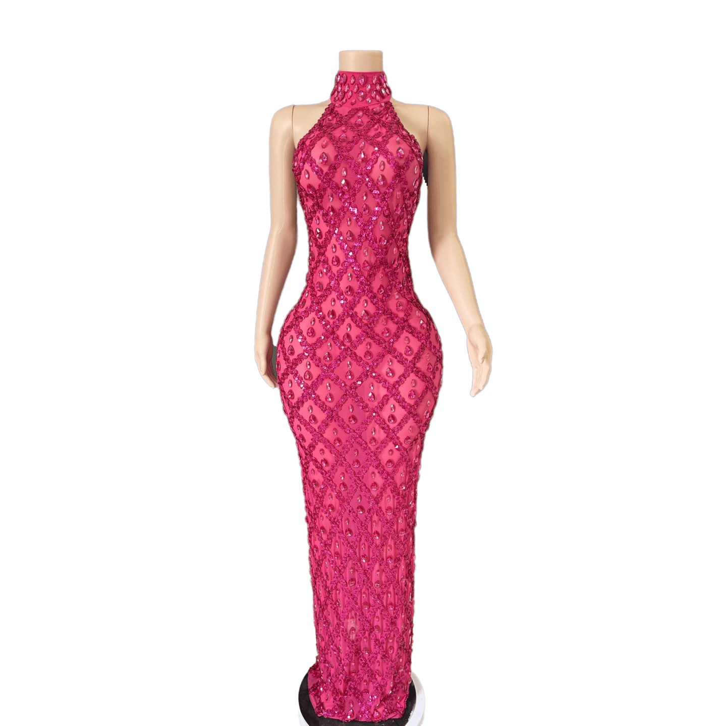 Sexy Black Long Rhinestone Mesh See-through Lattice Evening Gown for Party Cosplay - Halloweez