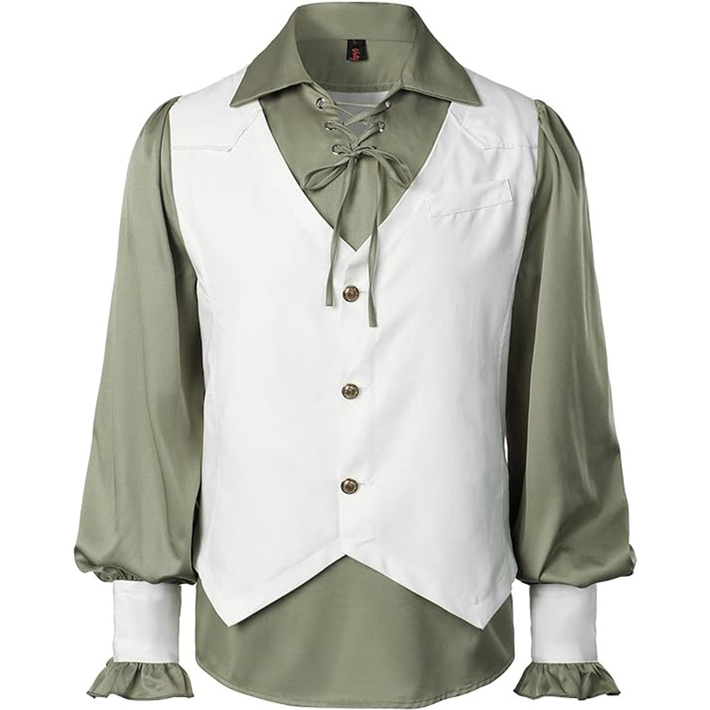 Medieval Pirate Victorian Steampunk Gothic Long Sleeve Vest Shirt Halloween Costume - Halloweez