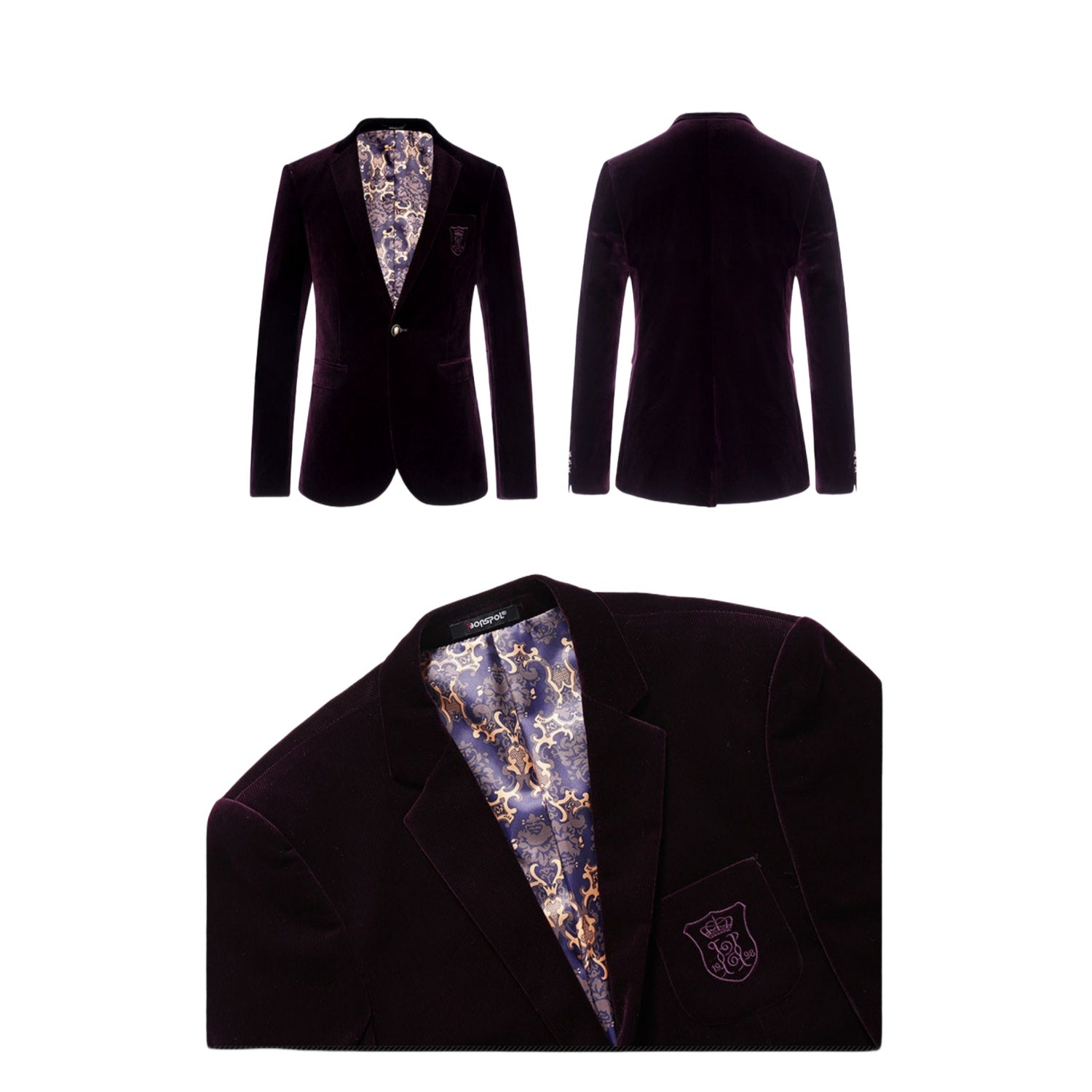Men's Burgundy Velvet Blazer Suit Jacket - Slim Fit British Style Korean Fashion Business Casual Formal Wear Outerwear - Halloweez