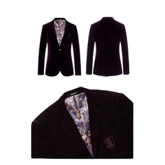 Men's Burgundy Velvet Blazer Suit Jacket - Slim Fit British Style Korean Fashion Business Casual Formal Wear Outerwear - Halloweez