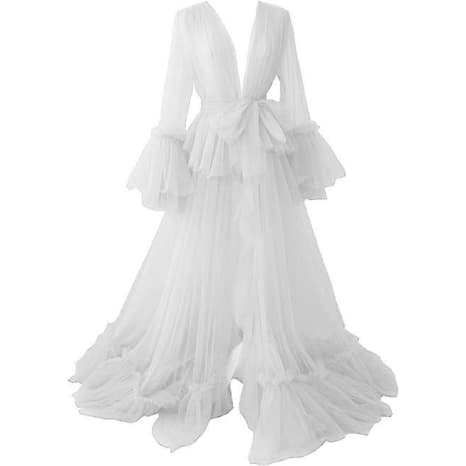Elegant Women's Long Wedding Robe Sheer Maternity Bathrobe Dreamy Photo Shoot Bridal Party Morning Gown - Halloweez