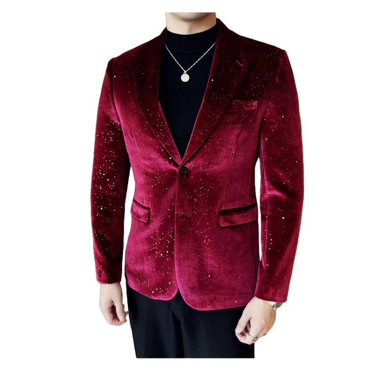 2025 New Fashion Glossy Velvet Gold Foil Print Men's Slim Fit Blazer Jacket - Trendy Cosplay Suit for Halloween Parties - Halloweez