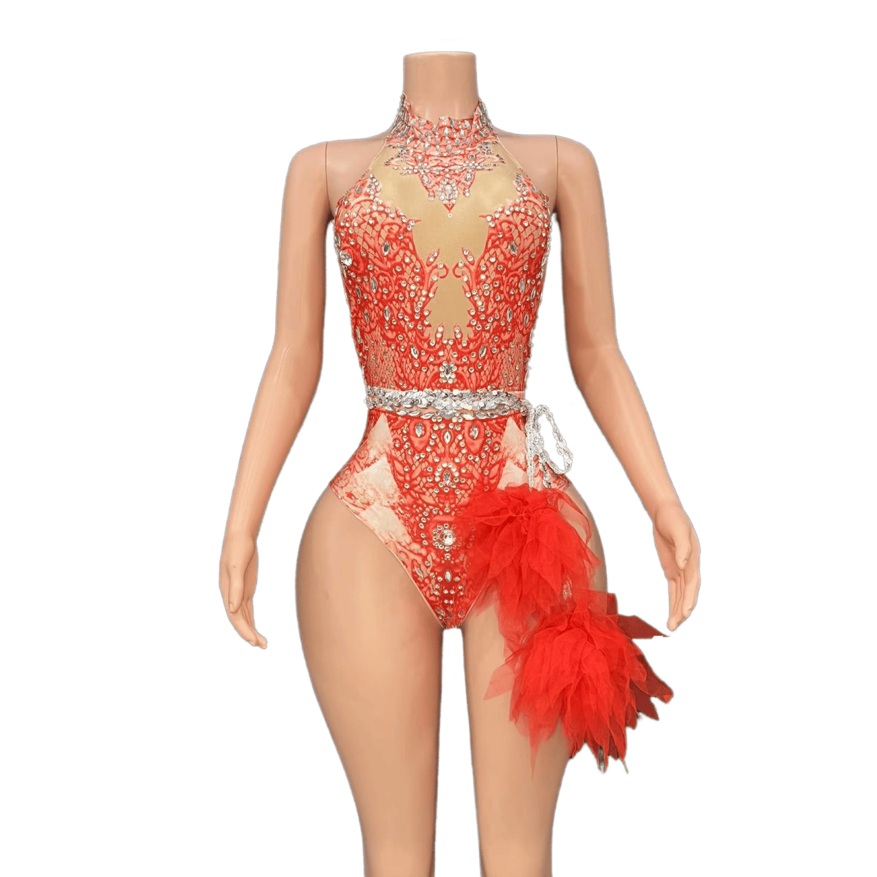 Sexy Sparkling Rhinestone Stretch Pink Mesh Bodysuit for Singer Dance Performance Cosplay Costume - Halloweez