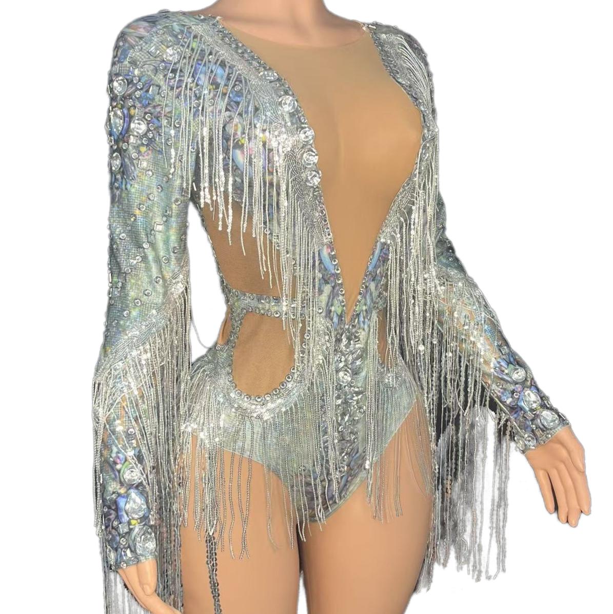 Sexy Sheer Mesh Stage Costume for Live Performance - Silver T-Show Fashion Outfit for Bar Singers, Band Performances & Livehouse Events - Halloweez