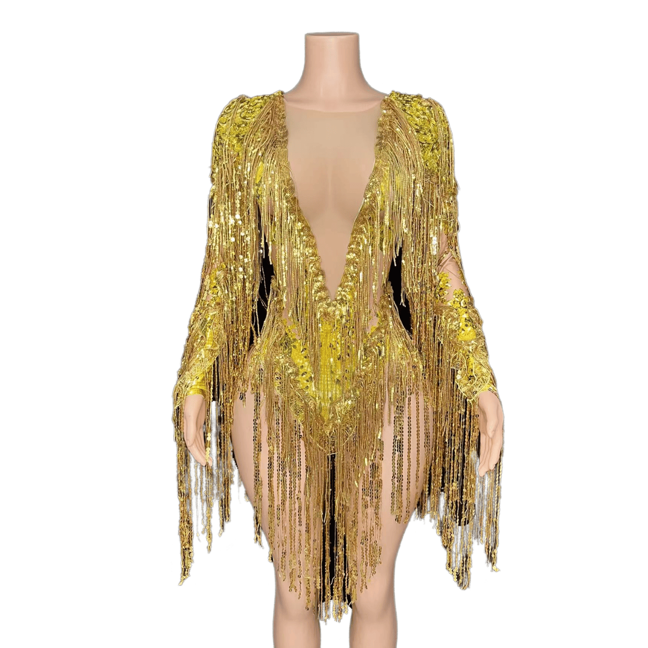 Silver Fringe Sequin Dress - High-End Performance Costume for Female Singers, Models, and Dance Troupes with Full Diamond Embellishments - Halloweez