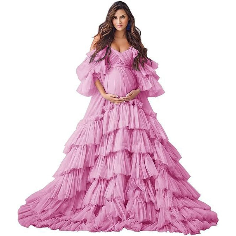 2025 Hot Sell Maternity Cosplay Costume Deep V See-through Mesh Dress with Puff Sleeves for Photo Shoot Party - Halloweez