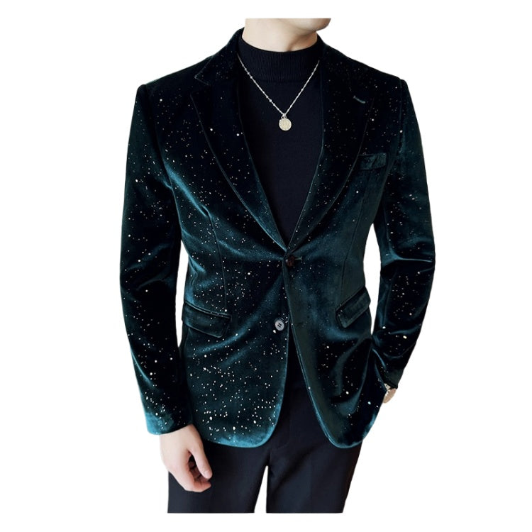 2025 New Fashion Glossy Velvet Gold Foil Print Men's Slim Fit Blazer Jacket - Trendy Cosplay Suit for Halloween Parties - Halloweez