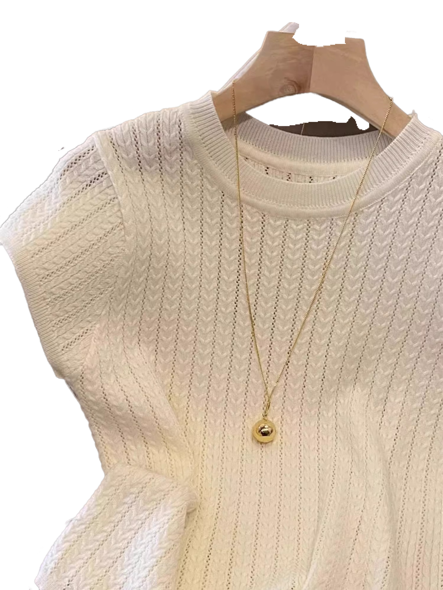 Elegant Hollow-Out Short Sleeve Women's Summer High-End Youthful Slimming Design Fashion Round Neck Ice Silk Knitted Top A3919 - Halloweez