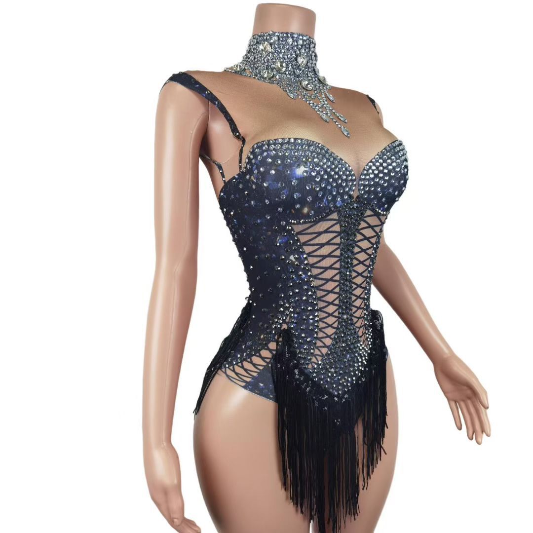 STOCK Singer Dance Rhinestone Elastic Pearl Black Bodysuit Performance Stage Costume Sexy Stage Outfit for Women - Halloweez