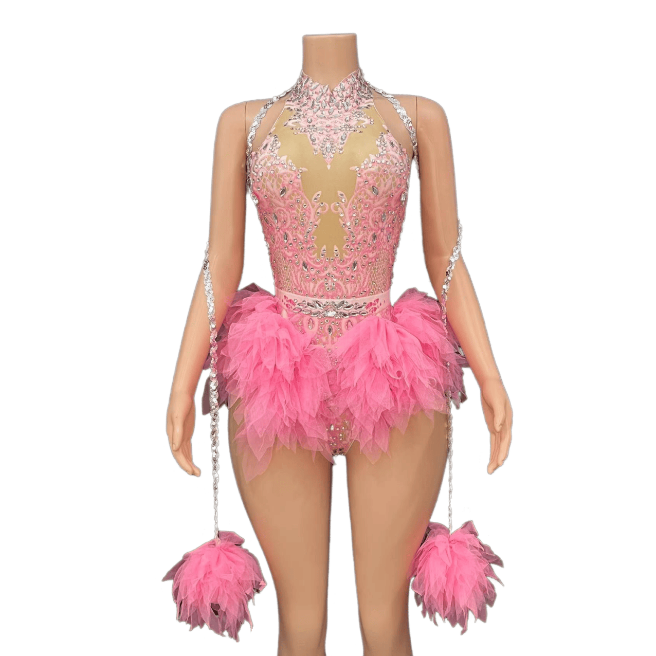 GC Singer Dance Shiny Diamond Stretchy Slim Pink Mesh Bodysuit Stage Performance Costume Women Flash Diamond - Light Green - Halloweez