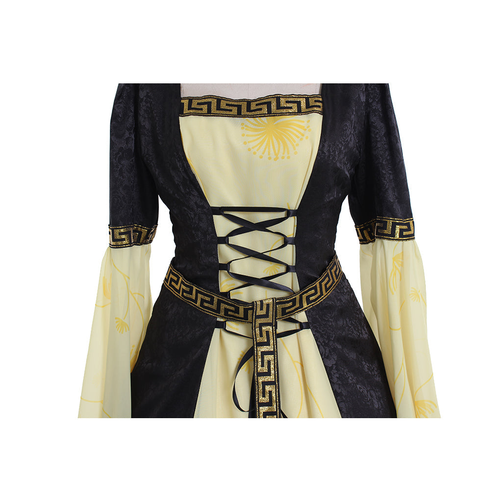 Halloweez Yellow Black Hooded Medieval Maxi Dress with Belt - Women's Stage Musical Vintage Party Halloween Costume
