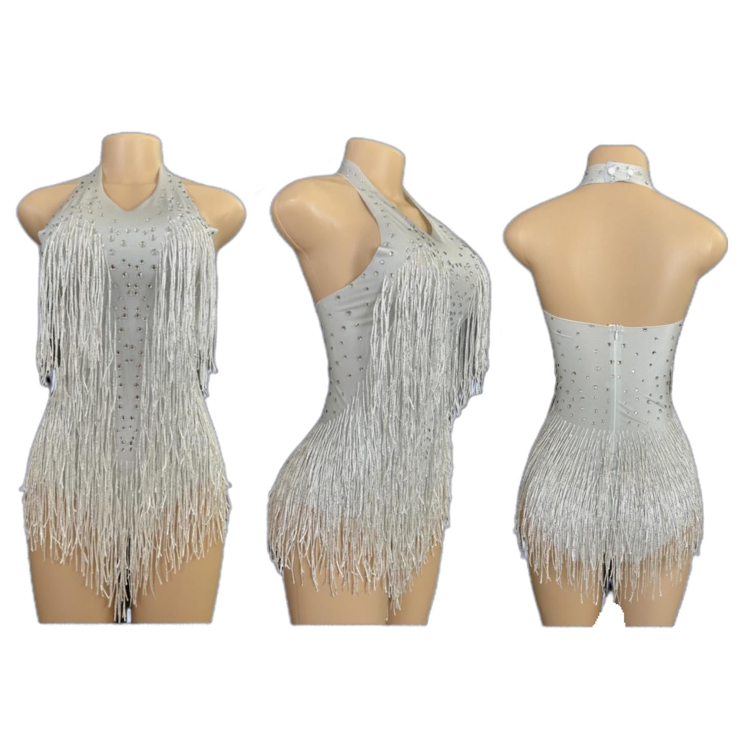 Latin Dance Halter Bodysuit with Fringe and Rhinestones - White Dance Performance Costume for Women - Halloweez