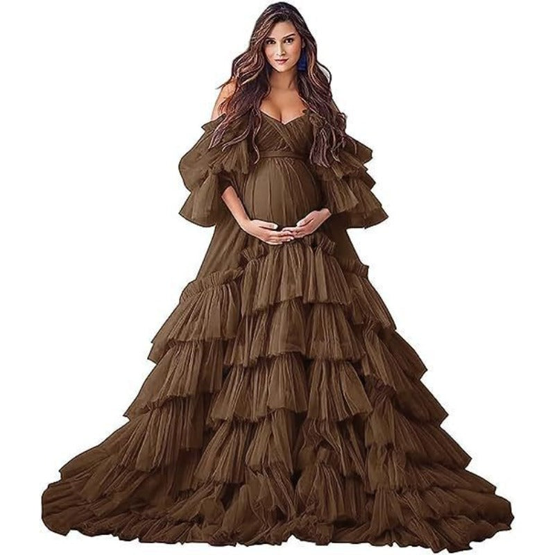 2025 Hot Sell Maternity Cosplay Costume Deep V See-through Mesh Dress with Puff Sleeves for Photo Shoot Party - Halloweez
